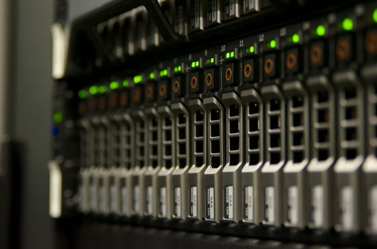 Server rack with status lights in a data centre